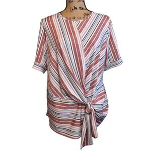 Perseption Concept Womens Career Office Workwear Striped Knot Blouse White Large